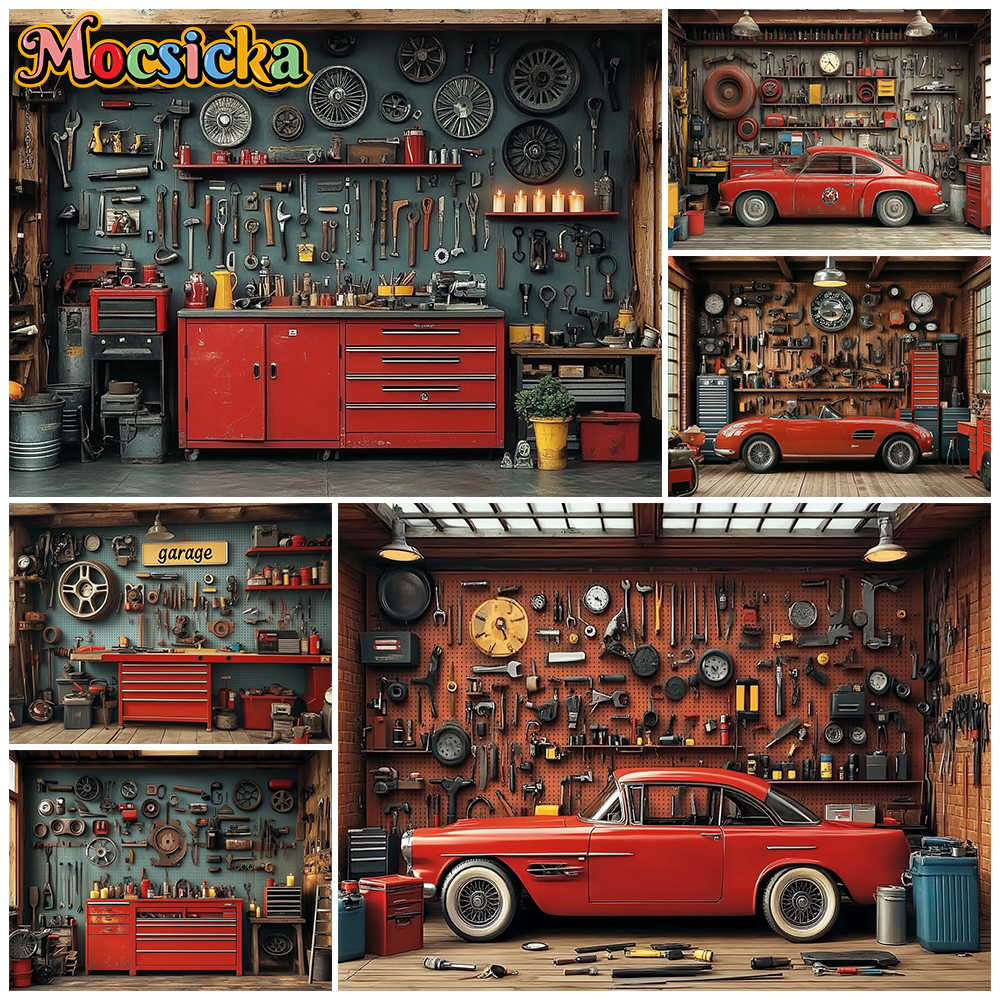 Workshop Tools Background - Mocsicka Red Classic Car Garage Photography